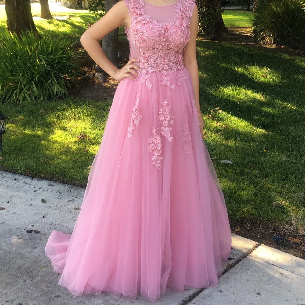 Custom-made Pink Lace Dress with Flowers & Beading